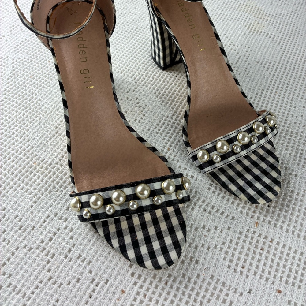 Madden Girl Gingham Pearl Embellished Heels